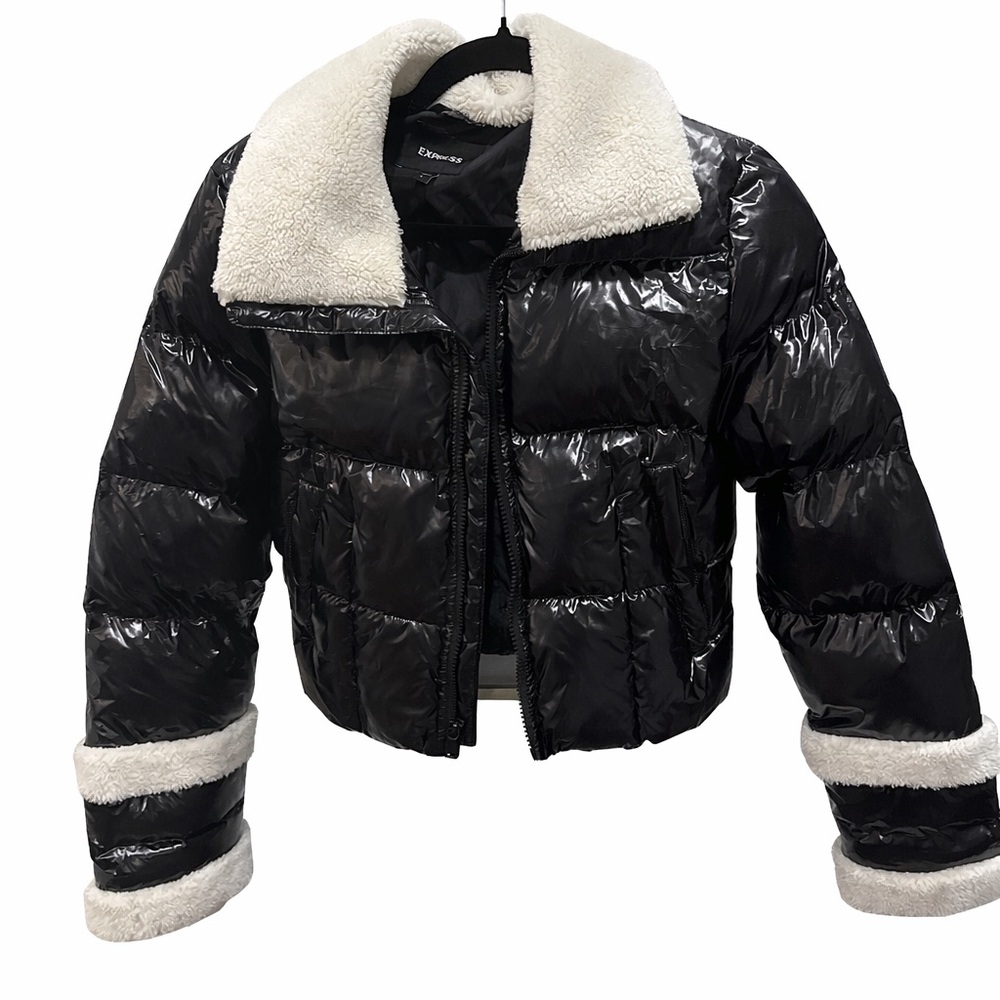 Express Black Puffer with White Sherpa Trim